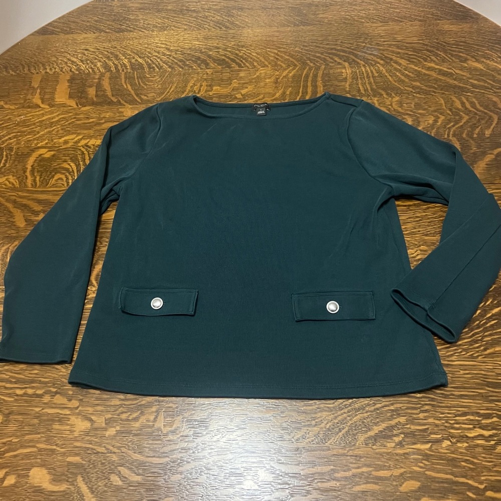 Ann Taylor Factory Top Womens Large Green Ribbed Cotton Faux Pocket 866248